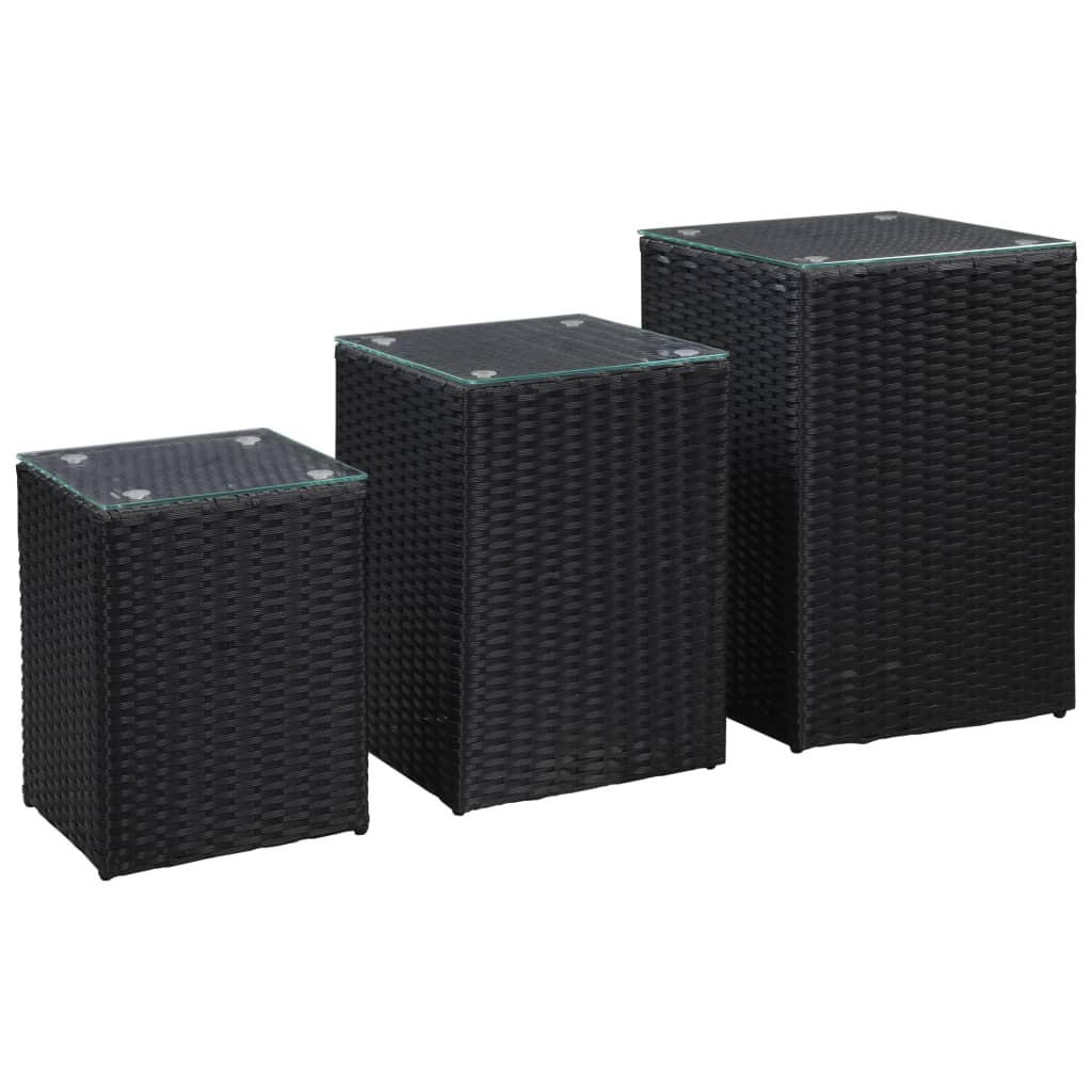BEISTELLTISCHE 3er set Mit Glasplatte Schwarz Poly Rattan - Schwarz, Kunststoff/Metall (40/40/62cm) - vidaXL