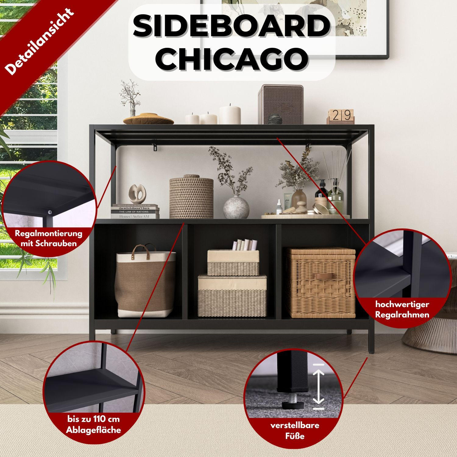 SIDEBOARD CHICAGO Metall offene Fächer 110/43/88 cm - Schwarz, Metall (43/88/110cm) - Coemo