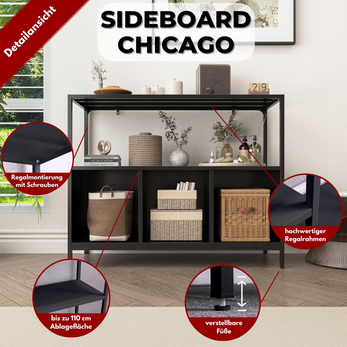 SIDEBOARD CHICAGO Metall offene Fächer 110/43/88 cm - Schwarz, Metall (43/88/110cm) - Coemo