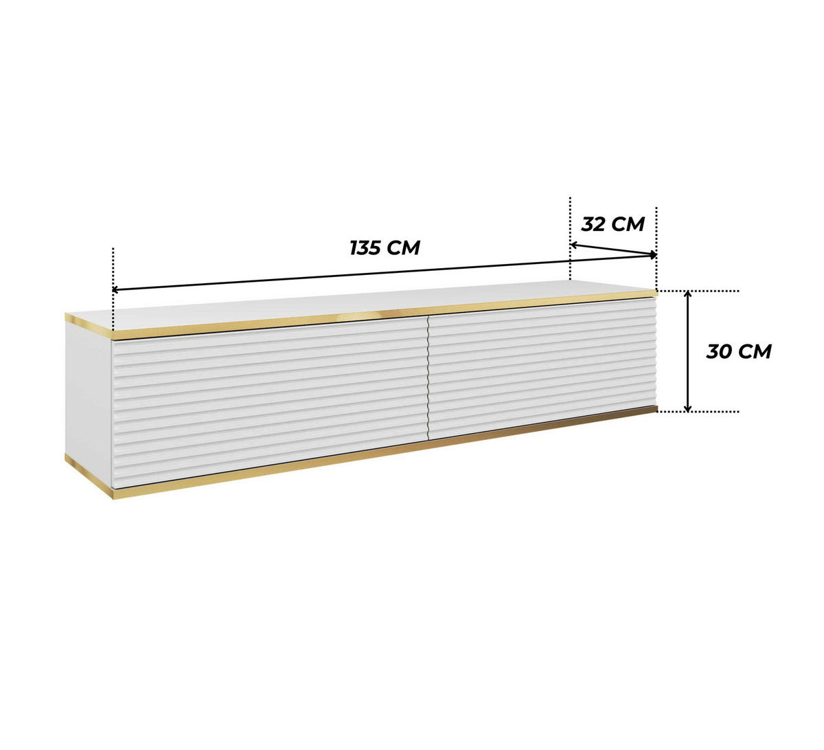 TV-BOARD FORNO (Hängend, Weiß, Rillenfront, Goldene Details, 2 Klapptüren, 135 cm) - Weiß, Holz/Holzwerkstoff (135/30/32cm) - Ravio