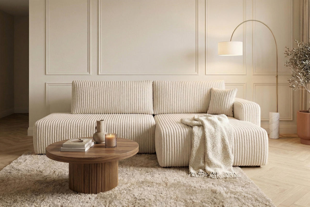 ECKSOFA Mit Schlaffunktion Und Bettkasten, Cordstoff Tilia, Ecru, Rechts, OPEN XL - Ecru, Holz (262/145cm) - Kaiser Möbel