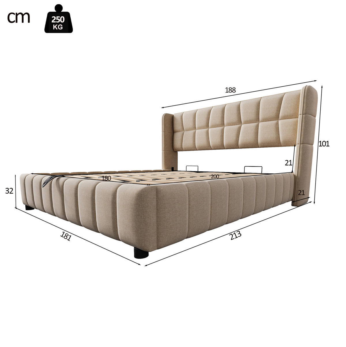 POLSTERBETT mit Stauraum und Lattenrost 180x200 cm Stoff Beige - Beige, Metall (180/200cm) - Meubliv