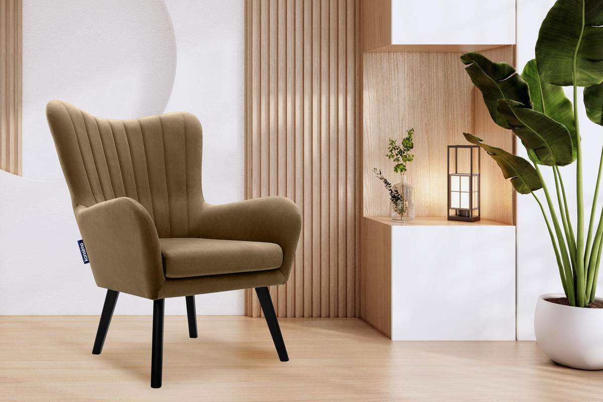OHRENSESSEL GADI Velourstoff, Beige - Beige/Schwarz, Holz/Textil (76/100/78cm) - KONSIMO®