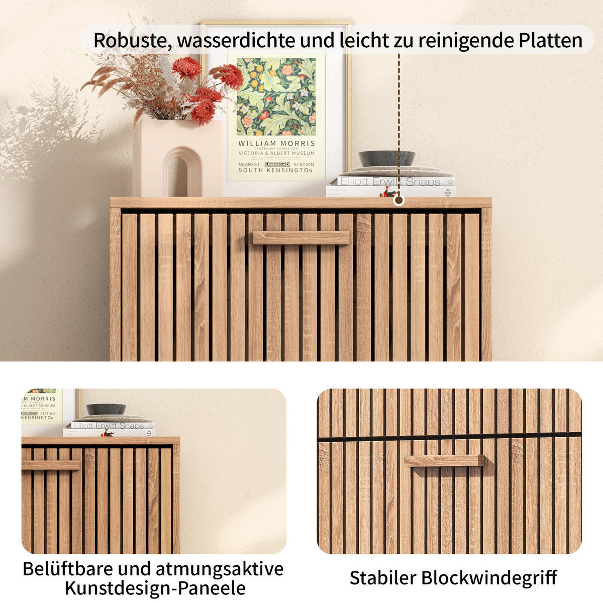 RATTAN-SCHUHSCHRANK mit 3 Türen, staub- und schmutzabweisend, Flurmöbel, 60 x 24 x 113 cm - Hellbraun, Holzwerkstoff/Metall (24/113/60cm) - GENKI LIVING