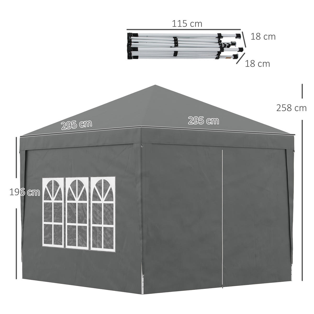 PAVILLON (3 x 3 m) mit 4 Seitenwänden,Faltbarer - Grau, Metall (295/258/295cm) - Vallsero