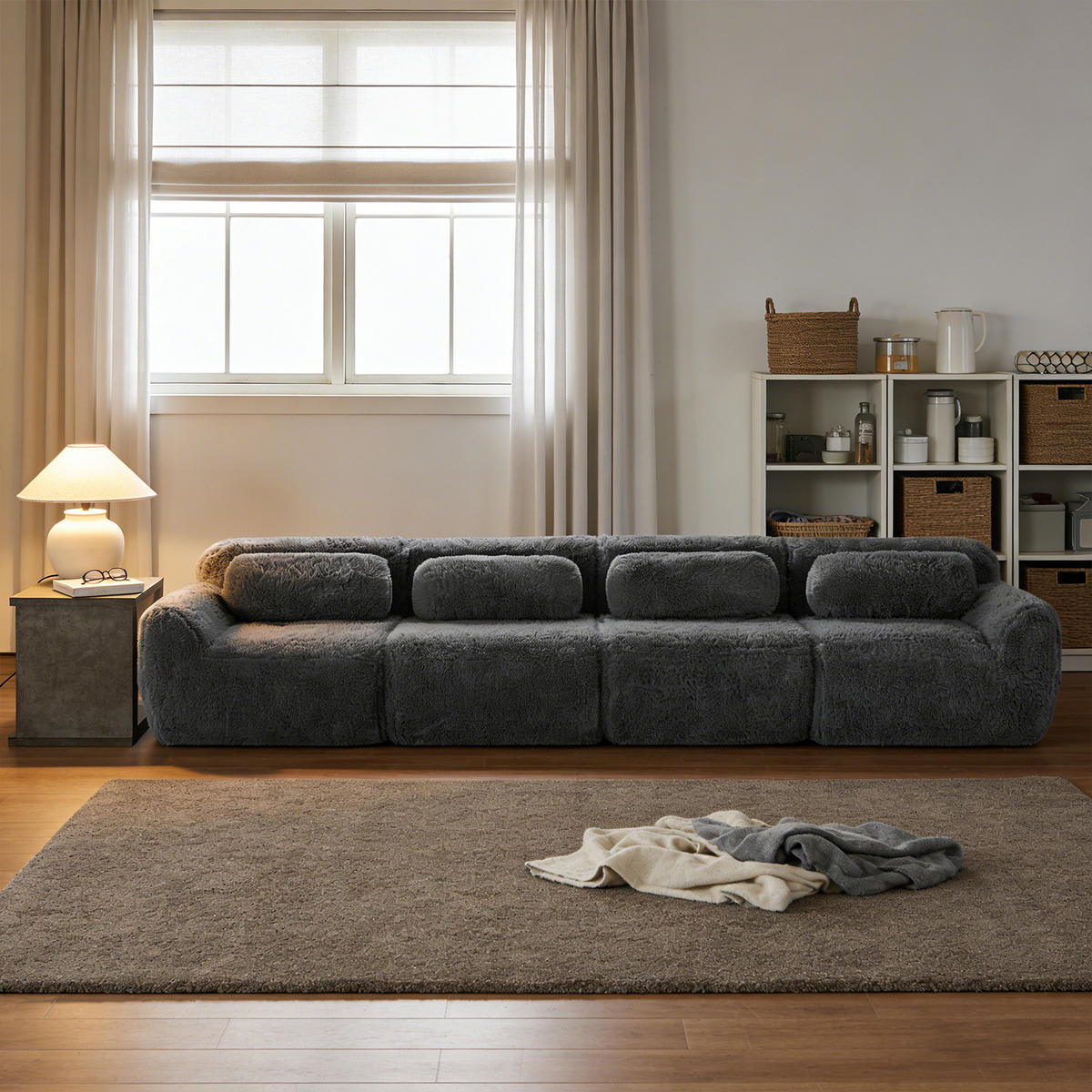 SOFA Modulares 4-Sitzer, keine Montage erforderlich, Webpelz-Bezug, Grau - Grau, Textil (104/73/378cm) - Meubles Cosy