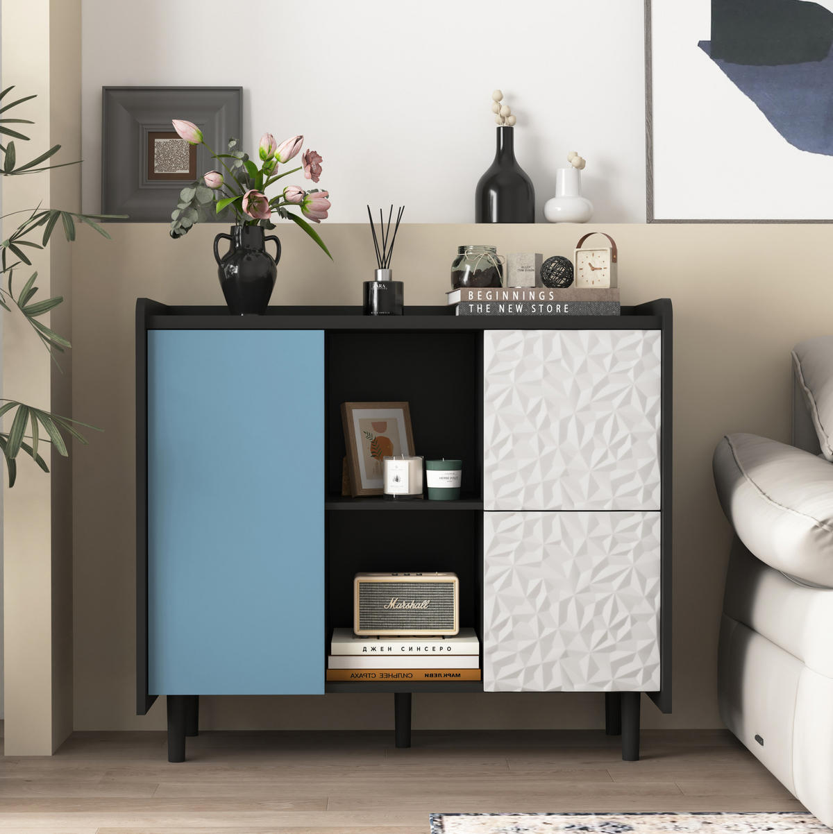 SIDEBOARD aus MDF 40x90x80 cm Schwarz/Blau mit 2 Schubladen, offenem Stauraum und Schrankfach - Schwarz, Holzwerkstoff (90/80/40cm) - Modfu