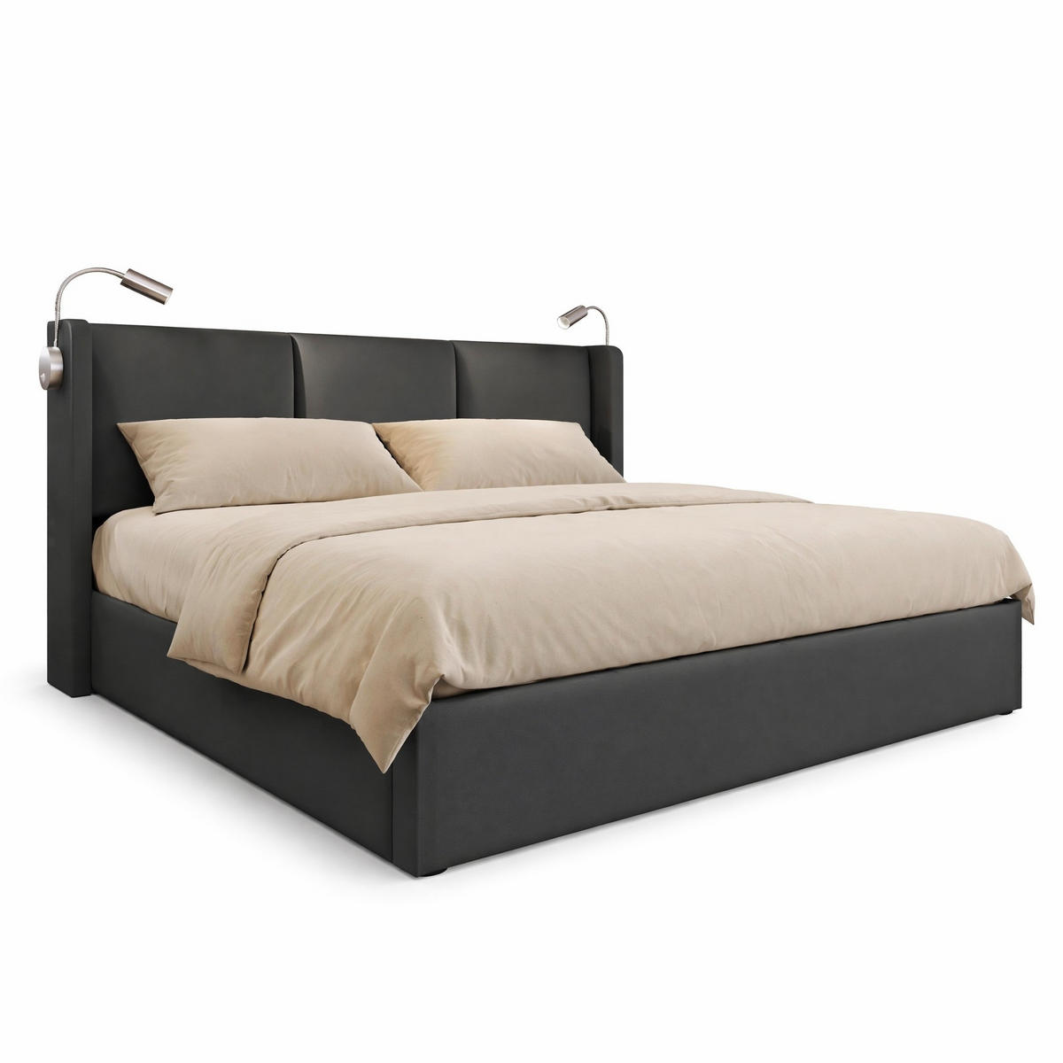 POLSTERBETT 140/200 cm in Grau mit Bettkasten, Leselampe und USB Kunstleder - Grau, Holzwerkstoff/Textil (140/200cm) - CHICFURN