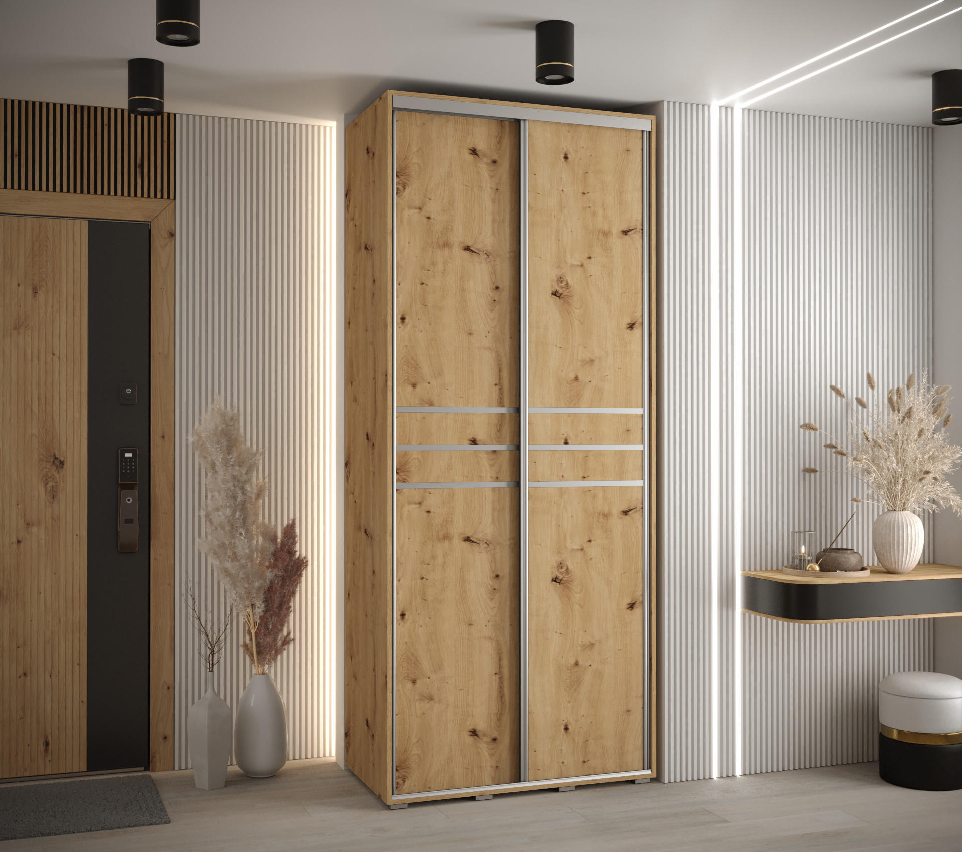 SCHWEBETÜRENSCHRANK 235,2/100/60 2-türig - Silberfarben/Eiche Artisan, Holz/Metall (100/235/60cm) - Abiks Möbel