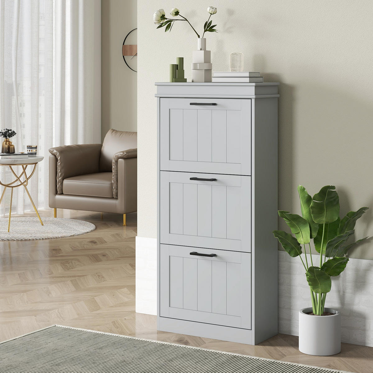 SCHUHSCHRANK,3-TÜRIG klapp für 15 Paar 54x24x117,5cm,grau - Grau, Holzwerkstoff (54/117.5/24cm) - Vallsero