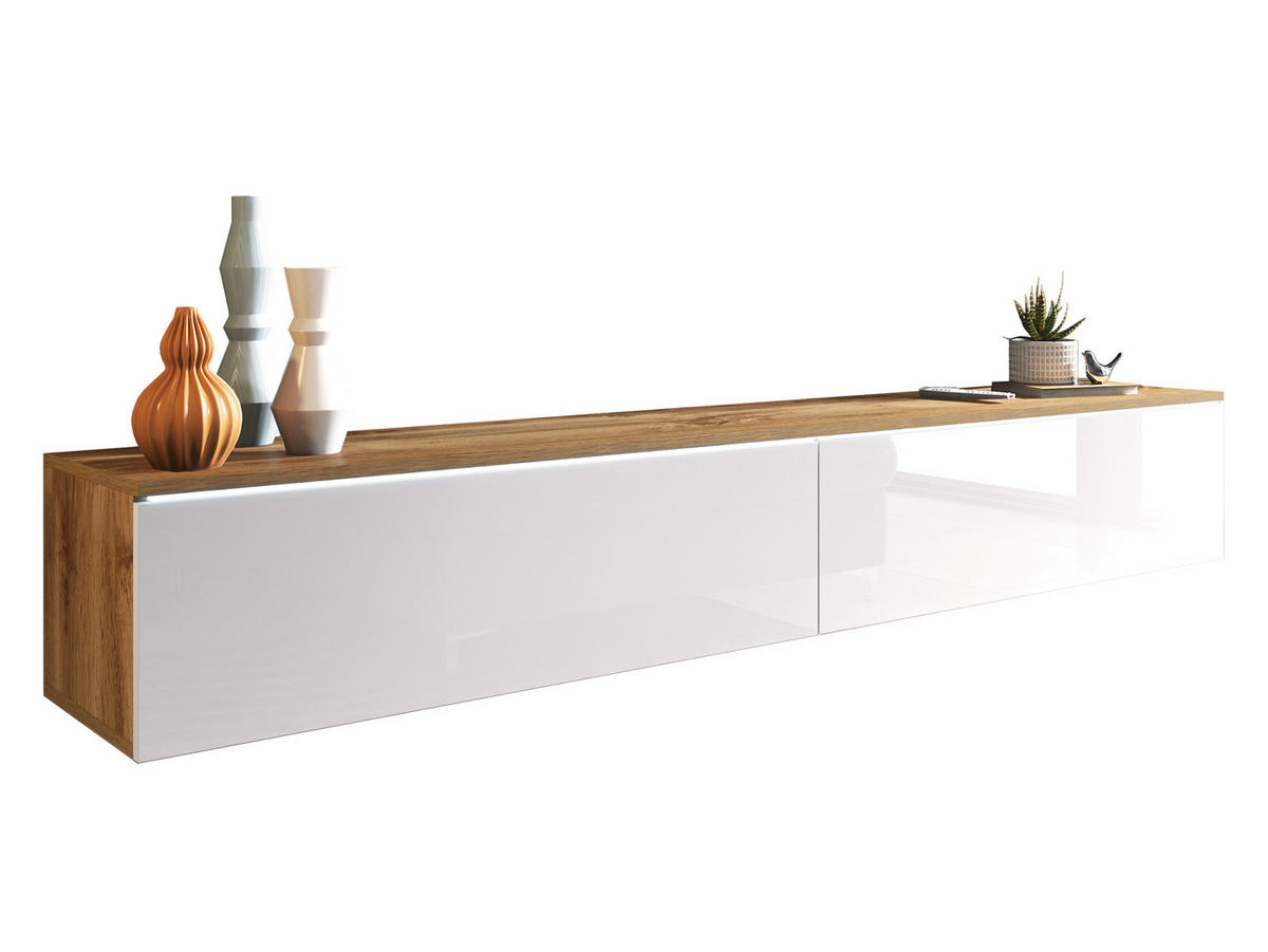 TV-LOWBOARD D180 mit weißer LED Beleuchtung - Weiß Hochglanz/Silberfarben, Holzwerkstoff/Kunststoff (180/30/33cm) - MIRJAN24