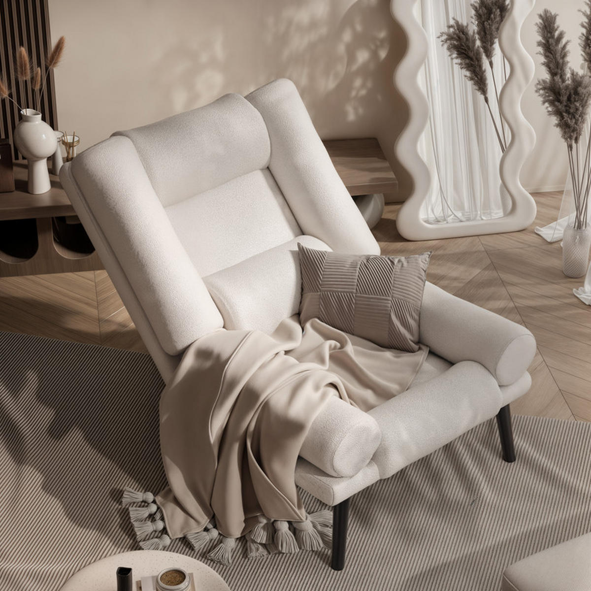 RELAXSESSEL LILA mit hocker, 75/75/100 cm, Creme - Creme, Holz/Textil (75/100/75cm) - Idohome