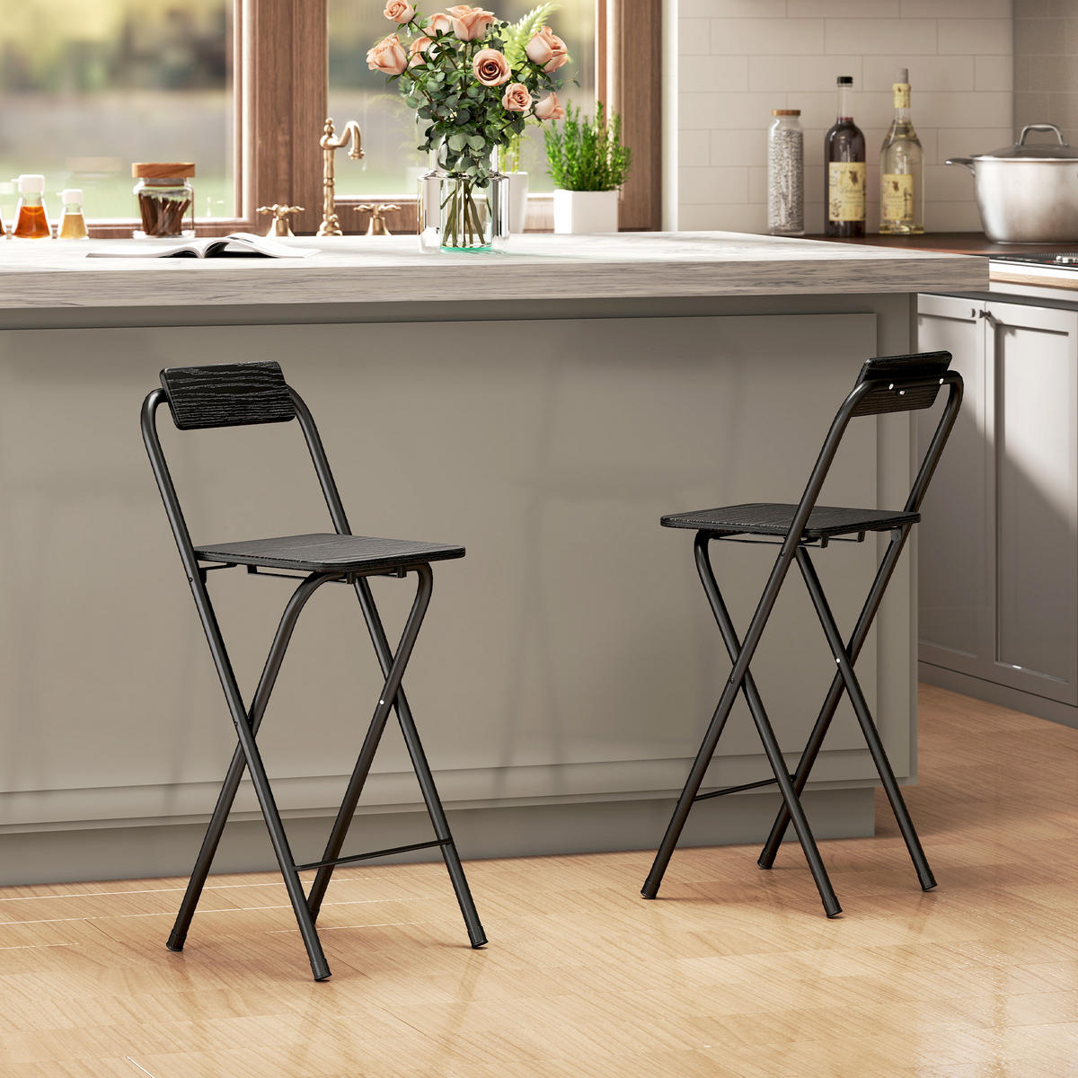 BARHOCKER 2er-Set DE-14767 klappbar mit Rückenlehne und Fußstütze Schwarz - Schwarz, Metall (37/87/45cm) - ComfortXL