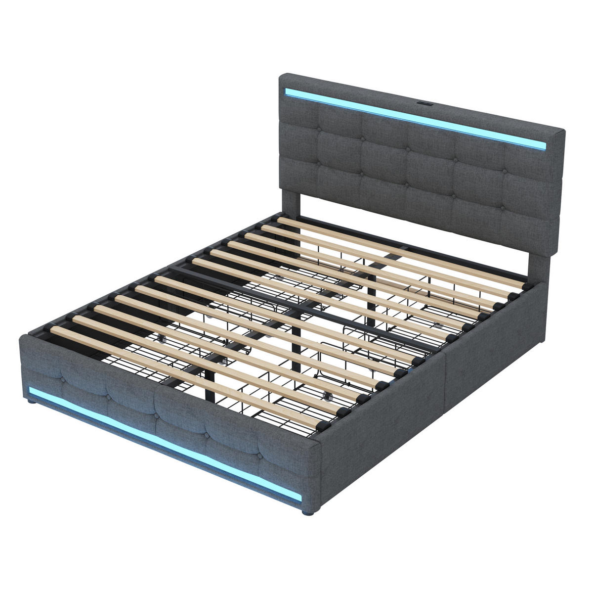POLSTERBETT aus gepolstertem Stoff 140x200 cm Grau mit LED-Beleuchtung, 2 USB-Anschlüssen und 4 Schubladen - Grau, Textil (140/200cm) - Modfu