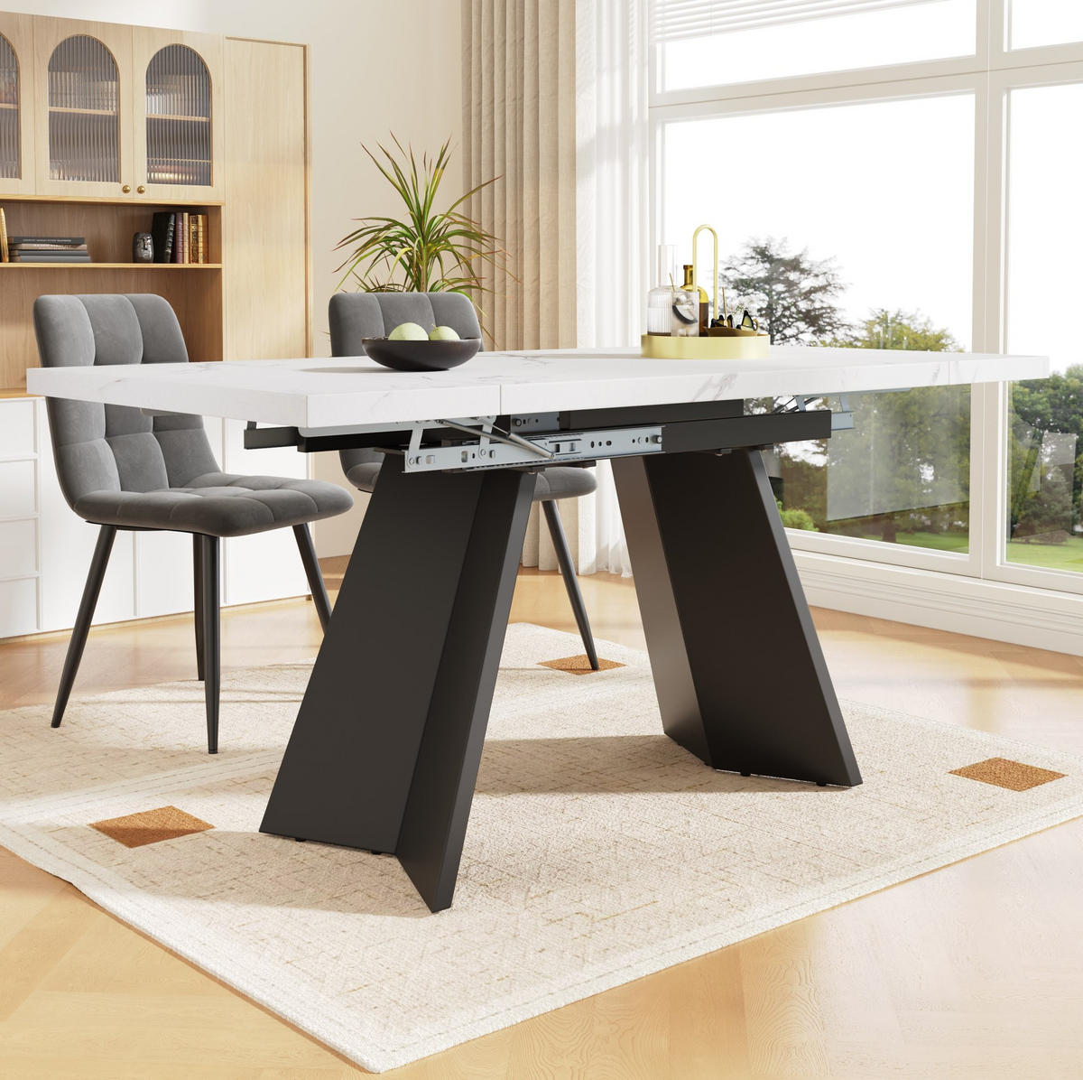 ESSTISCH 99-159x74x77 cm in Weiß und Schwarz aus MDF mit Marmoroptik auf Carbonstahl-Beinen ausziehbar - Weiß, Holzwerkstoff (74/159/77cm) - Modfu