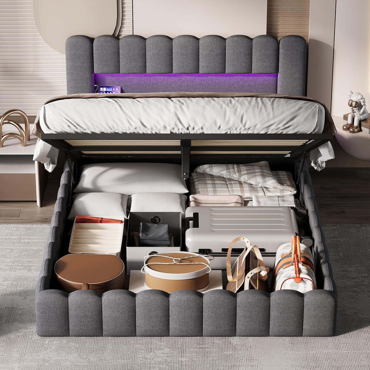 POLSTERBETT 160x200 cm Grau Leinen Bett mit RGB LED & Stauraum - Grau, Textil (160/200cm) - CASIVA