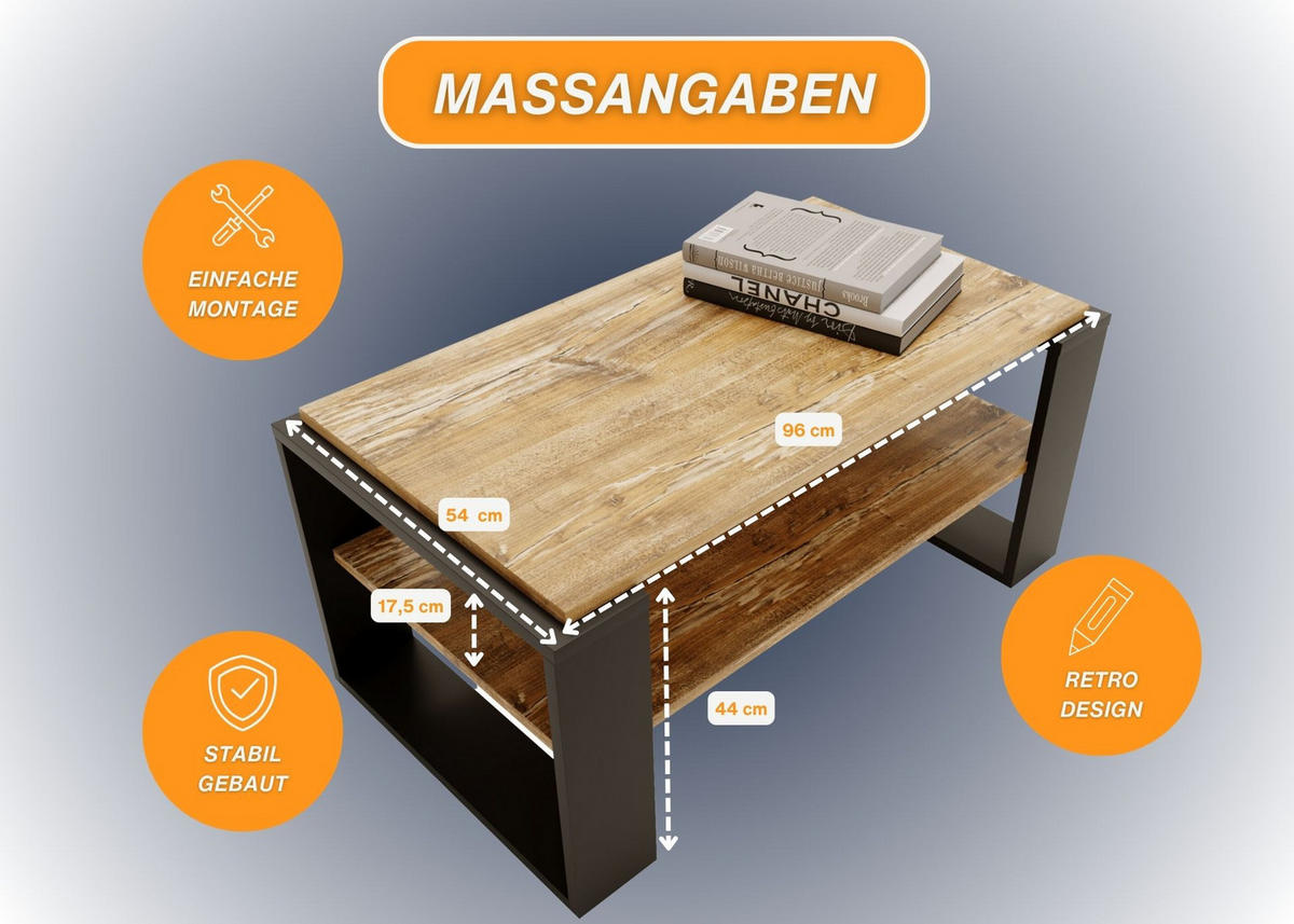 COUCHTISCH Holzwerkstoff rechteckig stabil Kiefer Milford 42/54/96cm - Kiefer Milford/Schwarz, Holzwerkstoff (53.8/96/42cm) - CraftPAK