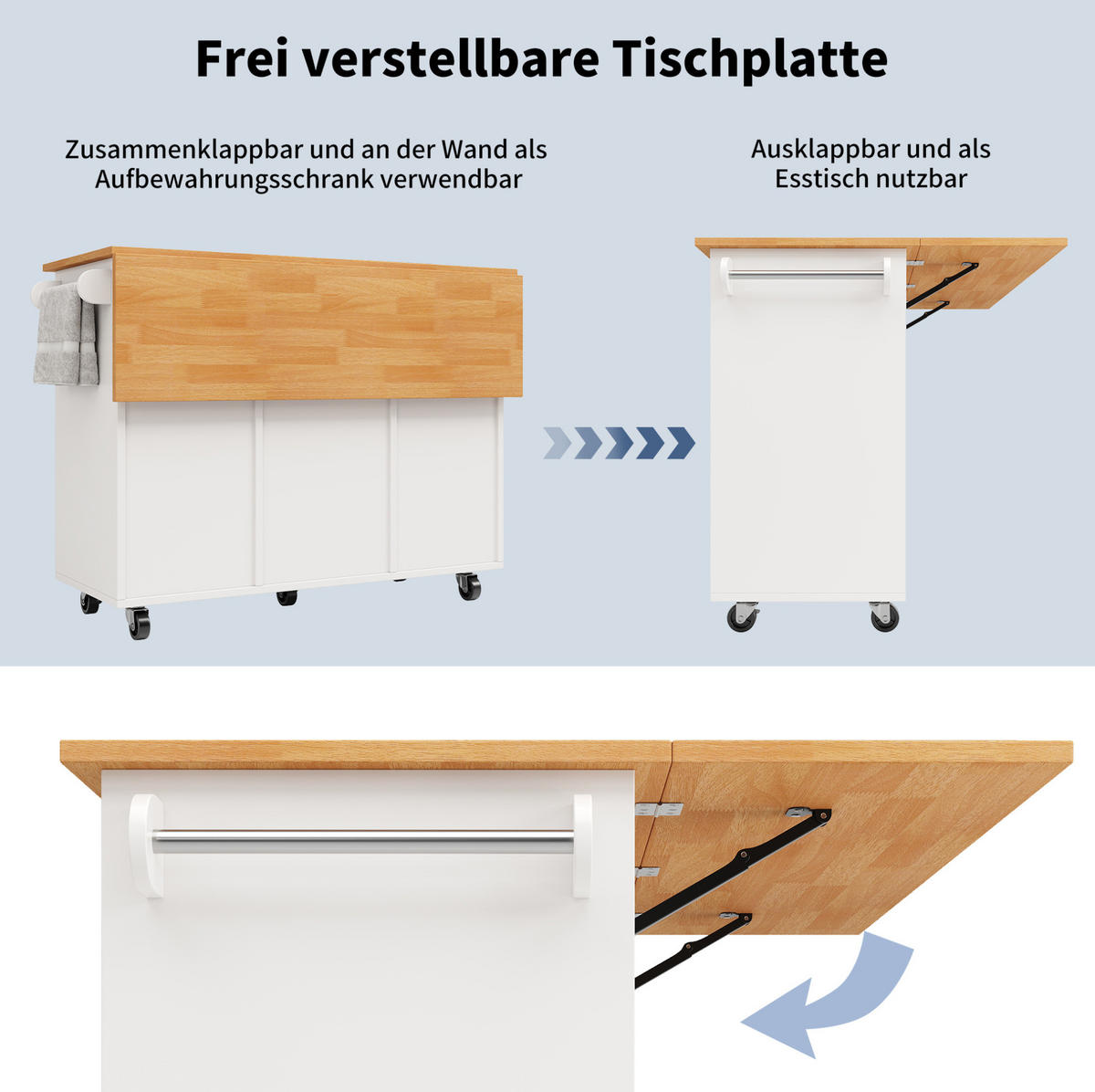 KUHINJSKI voziček 122/46/91,5 cm z zložljivo ploščo, 8 predali, omarico in kolesi iz MDF, Bela - bela, leseni material (122/91.5/74.5cm) - Redom