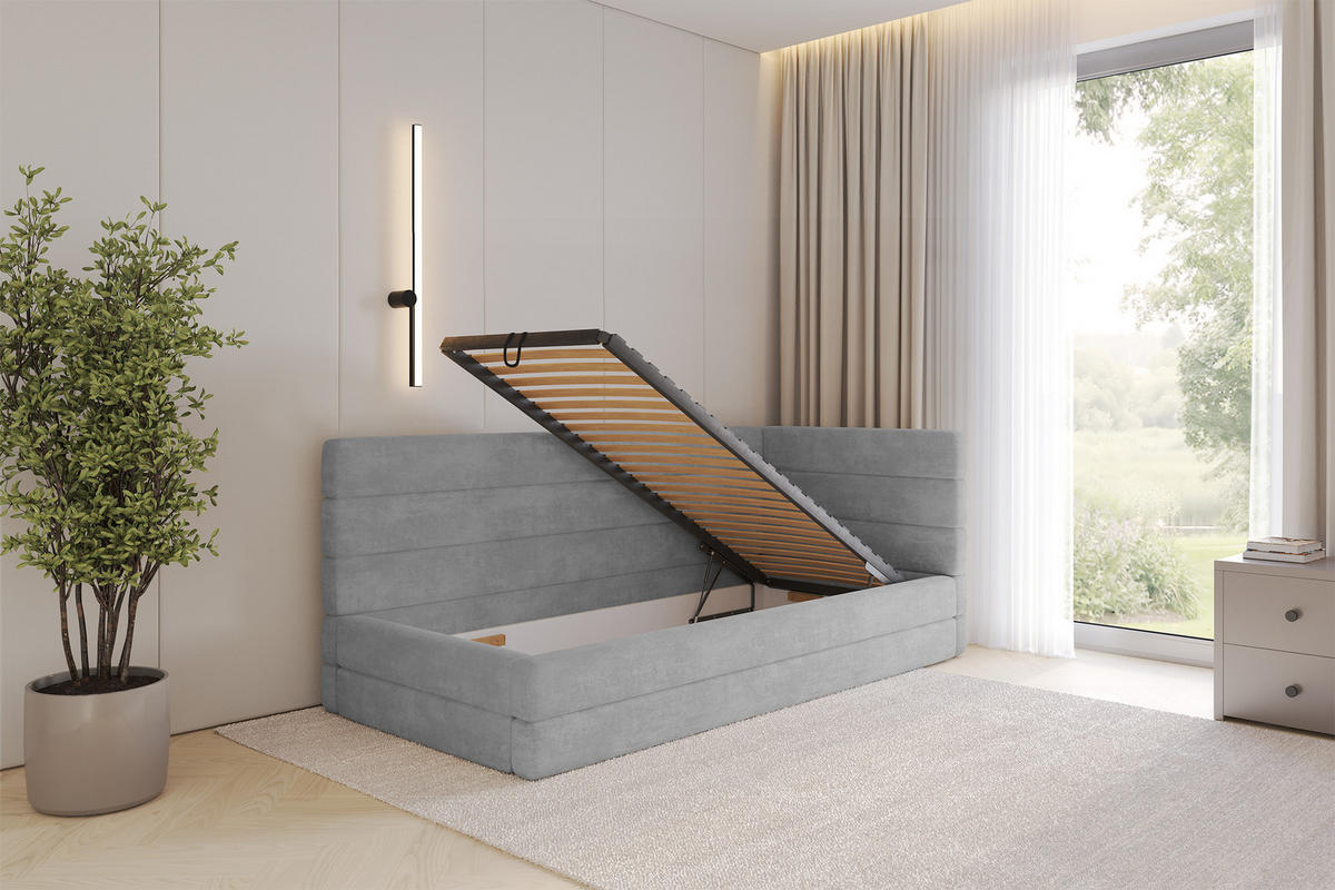 EINZELLBETT Jugendbett mit Bettkasten, Links - BEMY 90x200 Grau - Hellgrau, Holzwerkstoff/Textil (90/200cm) - ALTDECOR