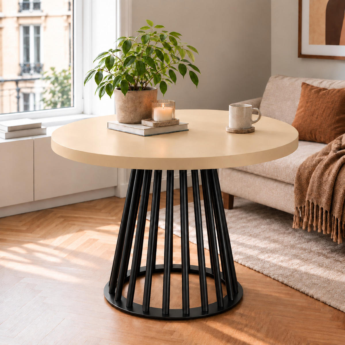 ESSTISCH rund ausziehbar 100/300/76 cm, Kaschmir, 54 cm Tischplatte + Lamellen-Metallgestell Schwarz - Kaschmir/Schwarz, Holzwerkstoff/Metall (100/300/76cm) - Damale Möbel