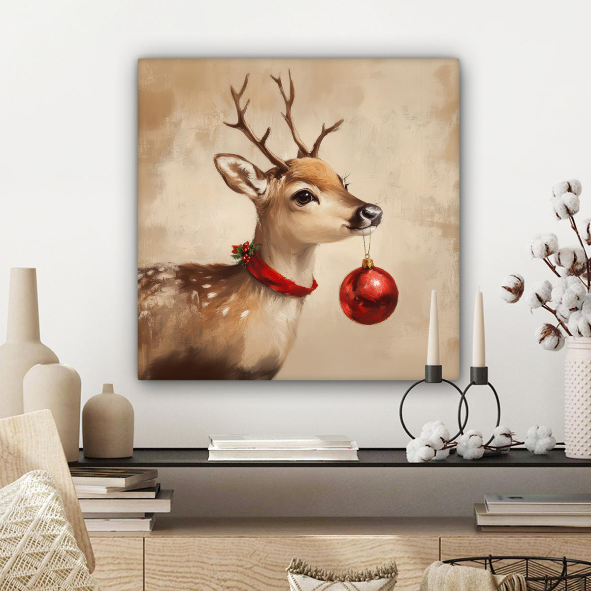 LEINWANDBILD Weihnachten - Hirsch - Geweih - Weihnachtskugel - Rentier Wandbild Wohnzimmer 50x50 cm - Hellbraun, Textil (50/50cm) - MuchoWow