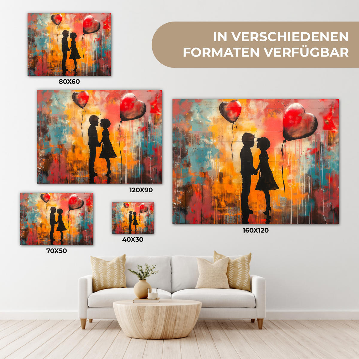 LEINWANDBILD Straßenkunst - Liebe - Graffiti - Kunst - Banksy 80x60 cm - Orange, Textil (80/60cm) - MuchoWow