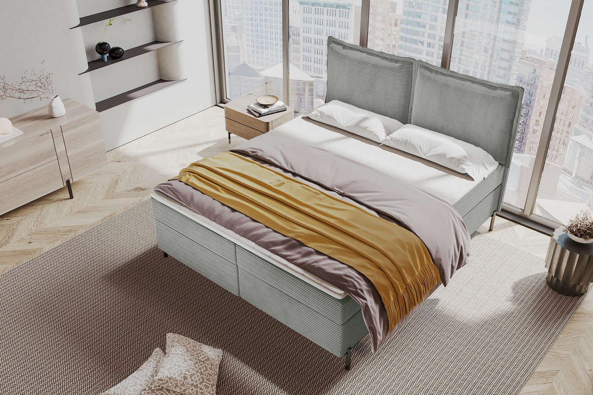 BOXSPRINGBETT VERO Cordstoff Hellgrau 140/200 cm - Hellgrau/Schwarz, Holzwerkstoff/Textil (140/200cm) - 99rooms