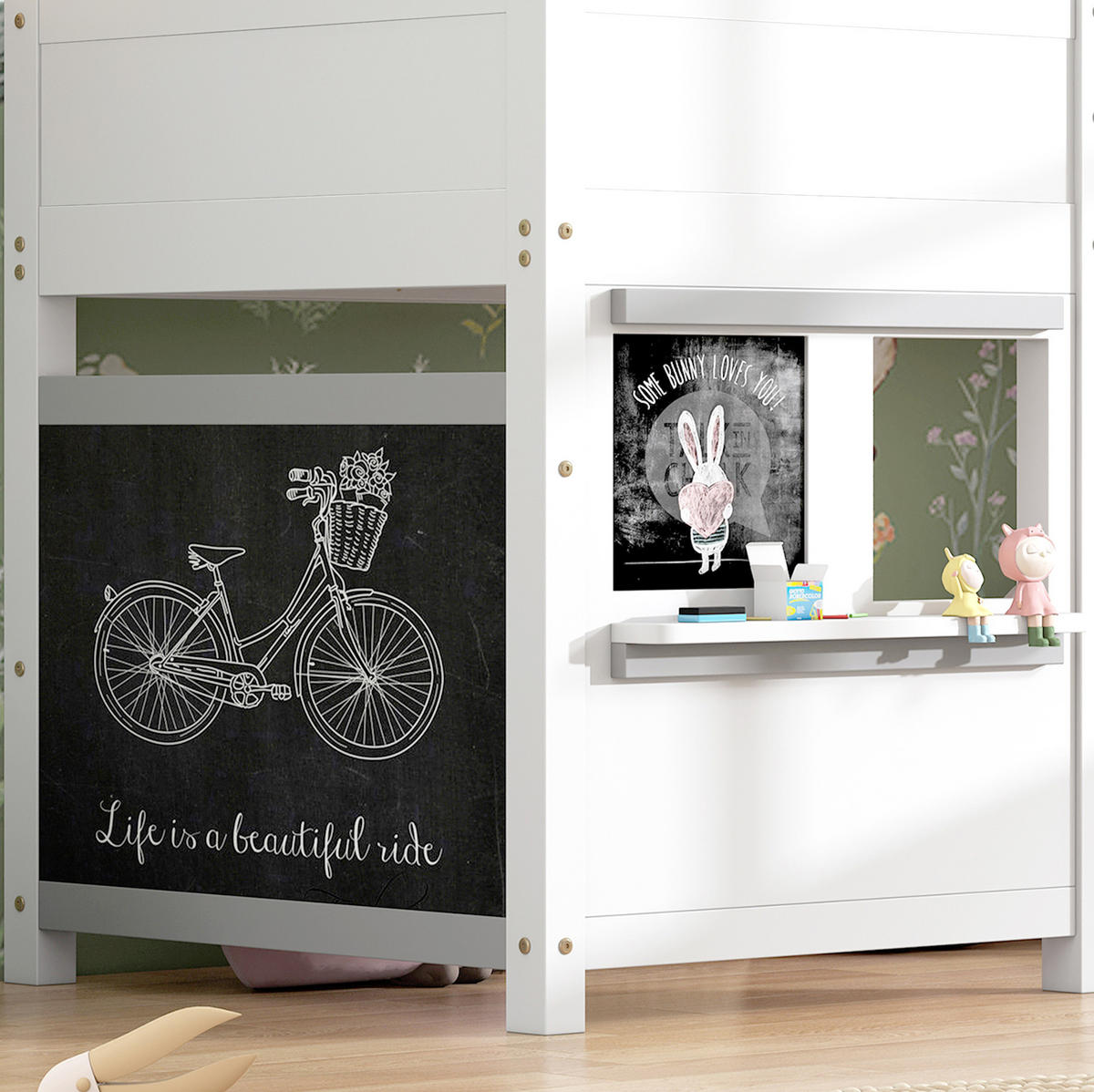 KINDERBETT aus Kiefernholz 90x200 cm Weiß mit Tafel, Ablage und Treppe - Weiß, Holzwerkstoff (90/200cm) - IVMEU
