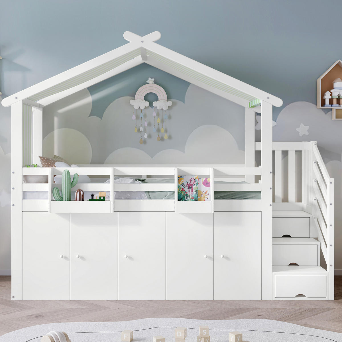 ETAGENBETT aus Kiefer und MDF 90x200 cm Weiß/Grün mit Stauraumtreppe, Schrank, Fallschutz und Dachdesign - Weiß, Holzwerkstoff (90/200cm) - Modfu