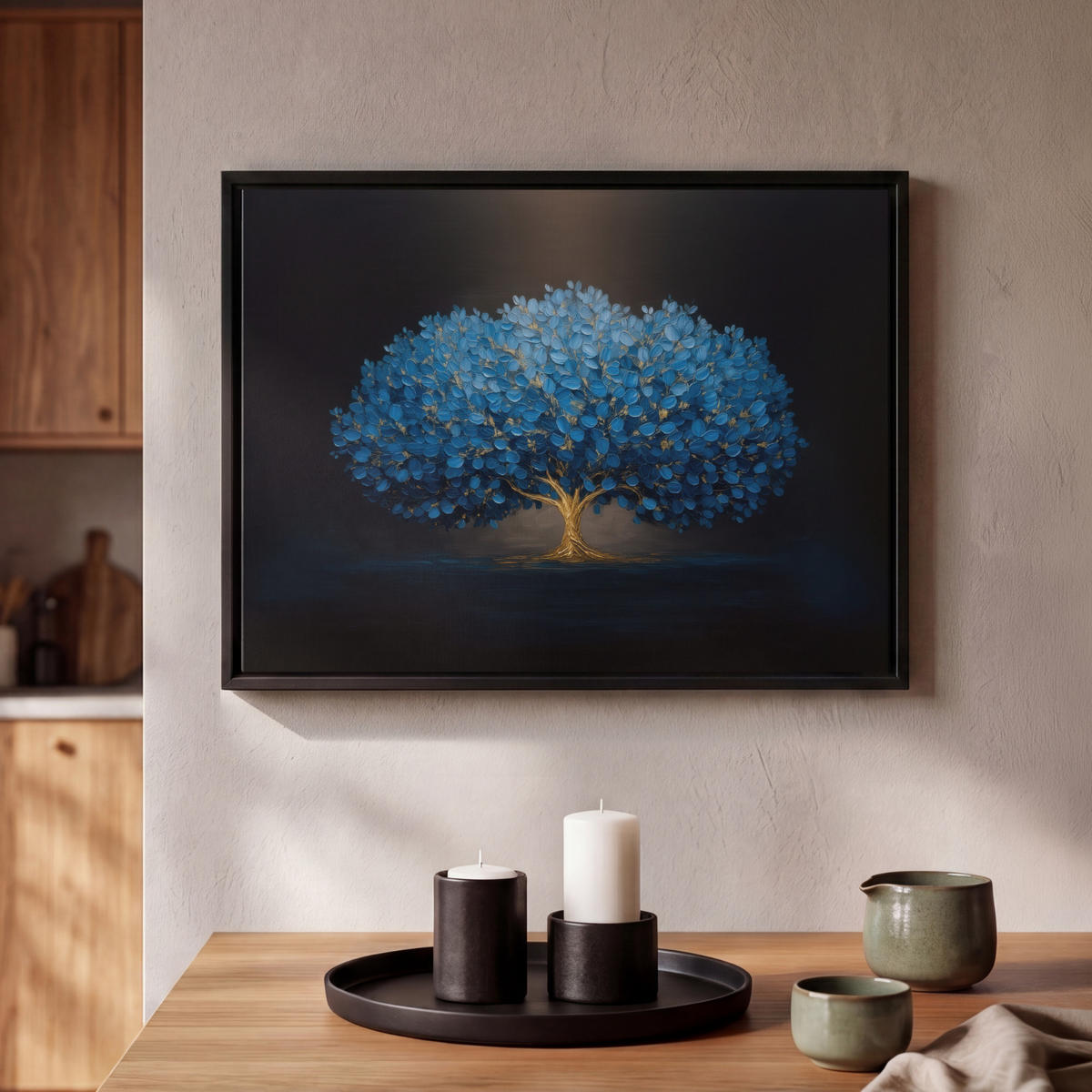 LEINWAND Bilder mit Rahmen - Baum - Blau - Blätter - Pinselstriche - 40x30 - Blau, Textil (40/30cm) - MuchoWow