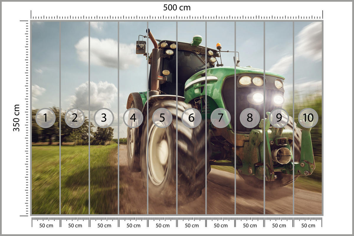 FOTOTAPETA Jazdiaci Traktor Stromy Vegetácia Poľnohospodárstvo 500 x 350 cm - čierna/biela, papier (500/350cm) - Muralo