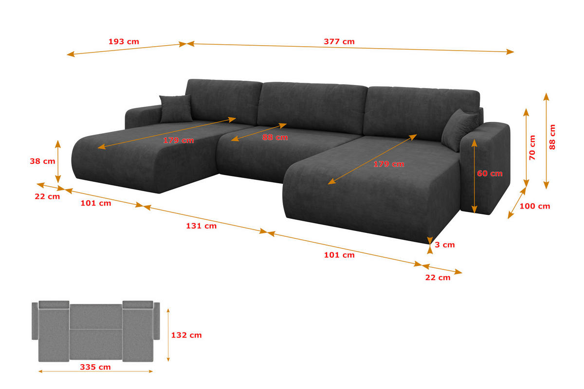 SEDACÍ SOUPRAVA DO U s funkcí spaní a úložným prostorem BERY-U 377x193x88 tmavě šedá velur - černá/antracitová, kompozitní dřevo/textil (377/88/193cm) - ALTDECOR