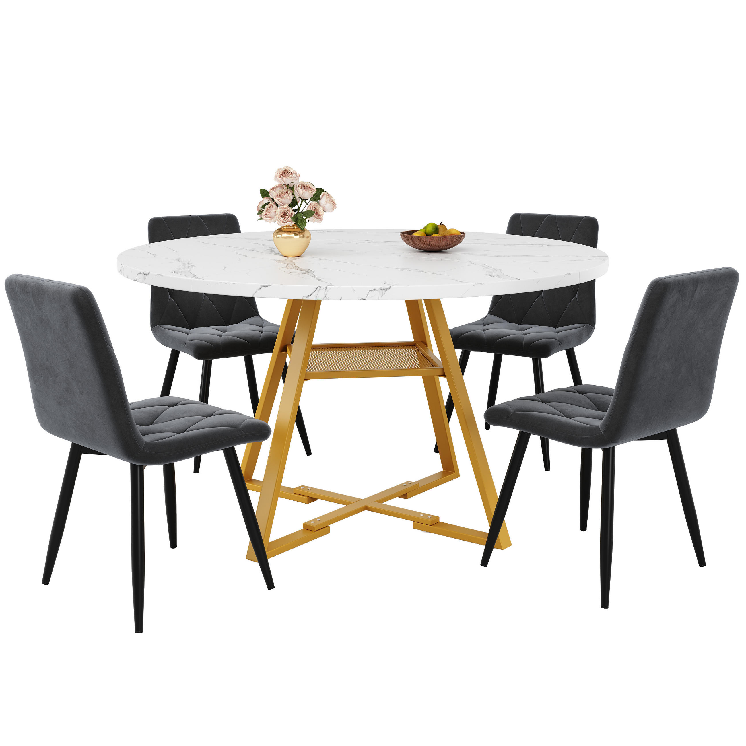 ESSTISCHSET 5-Teilig Rund 120 Cm, 4 Samtstühle Grau, Für 4-6 Personen - Weiß, Metall (68.58/25.4/87cm) - FLIEKS