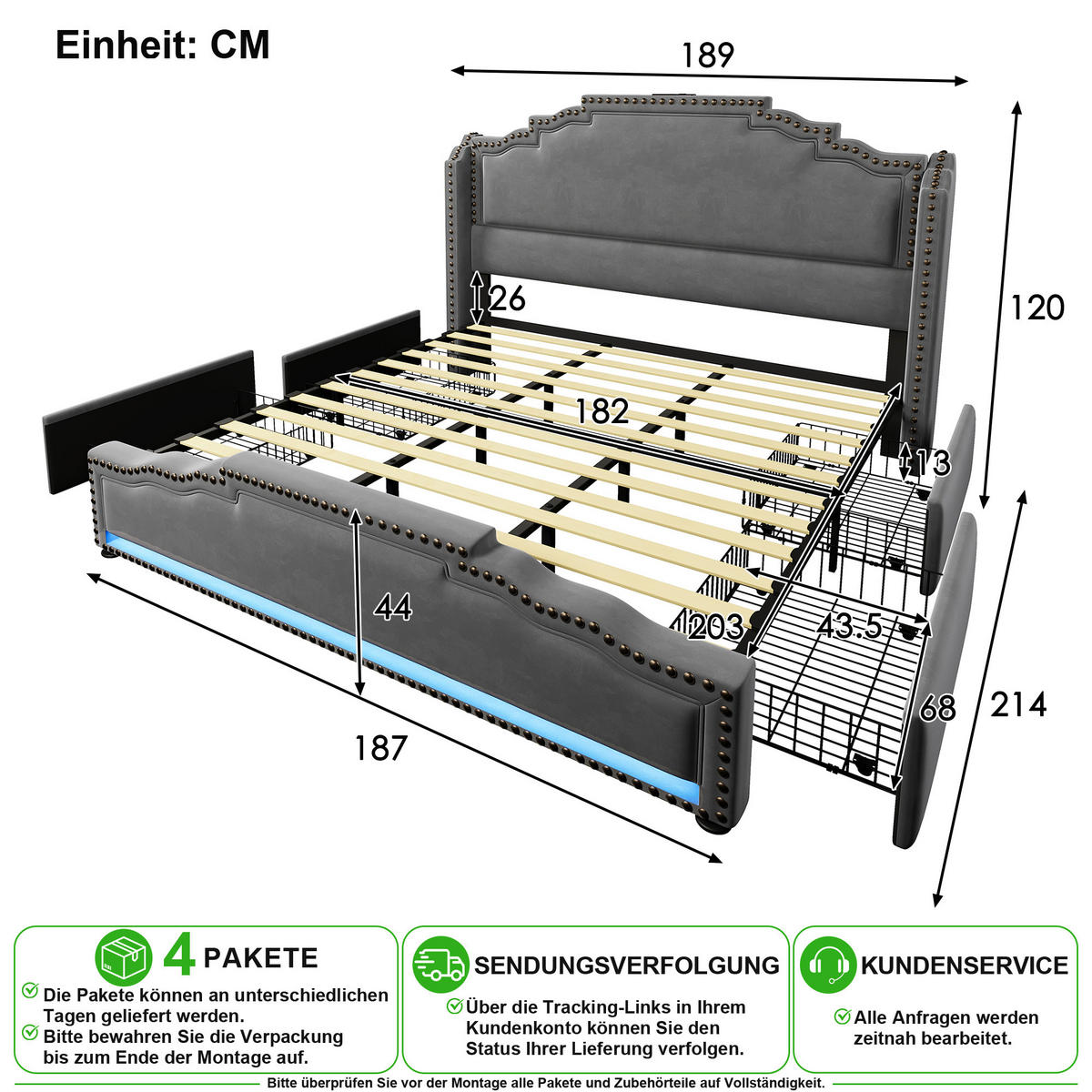 POLSTERBETT 180/200 cm in Grau Samt mit 4 Schubladen, LED, USB und Type-C - Grau, Holzwerkstoff/Textil (180/200cm) - CHICFURN