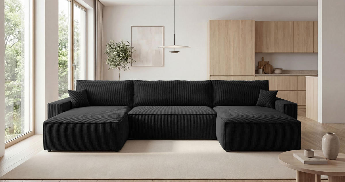 WOHNLANDSCHAFT VIENNA U-Form schwarz Cord Poso 135 - Schlaffunktion, Bettkasten - Schwarz, Textil (385/86/185cm) - Cornero
