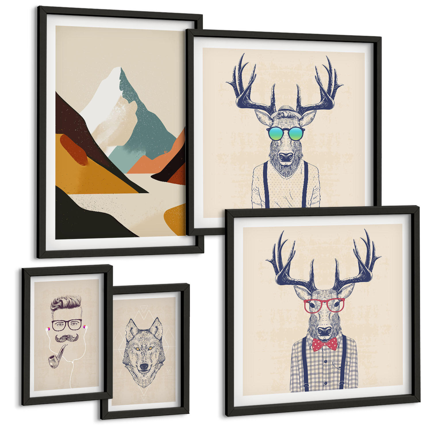 BILDER SET 5er Set - 50x50 cm & 20x30 cm & 40x60 cm Schwarzer Rahmen - Strand, Leuchtturm, Berge, Wiesen, Blumen - Schwarz, Kunststoff (40/60cm) - TULUP