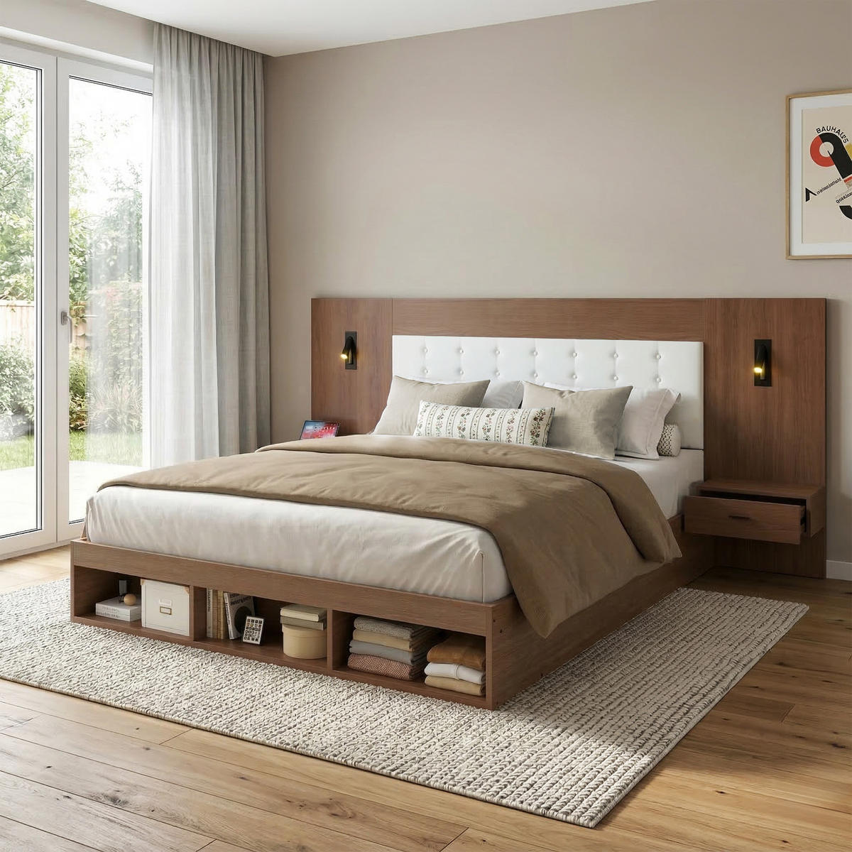 BETT 180/200 cm in Walnuss mit Ablagen, Leselampen und USB/Type-C MDF-Design - Walnussfarben, Holzwerkstoff/Metall (180/200cm) - STILVORA