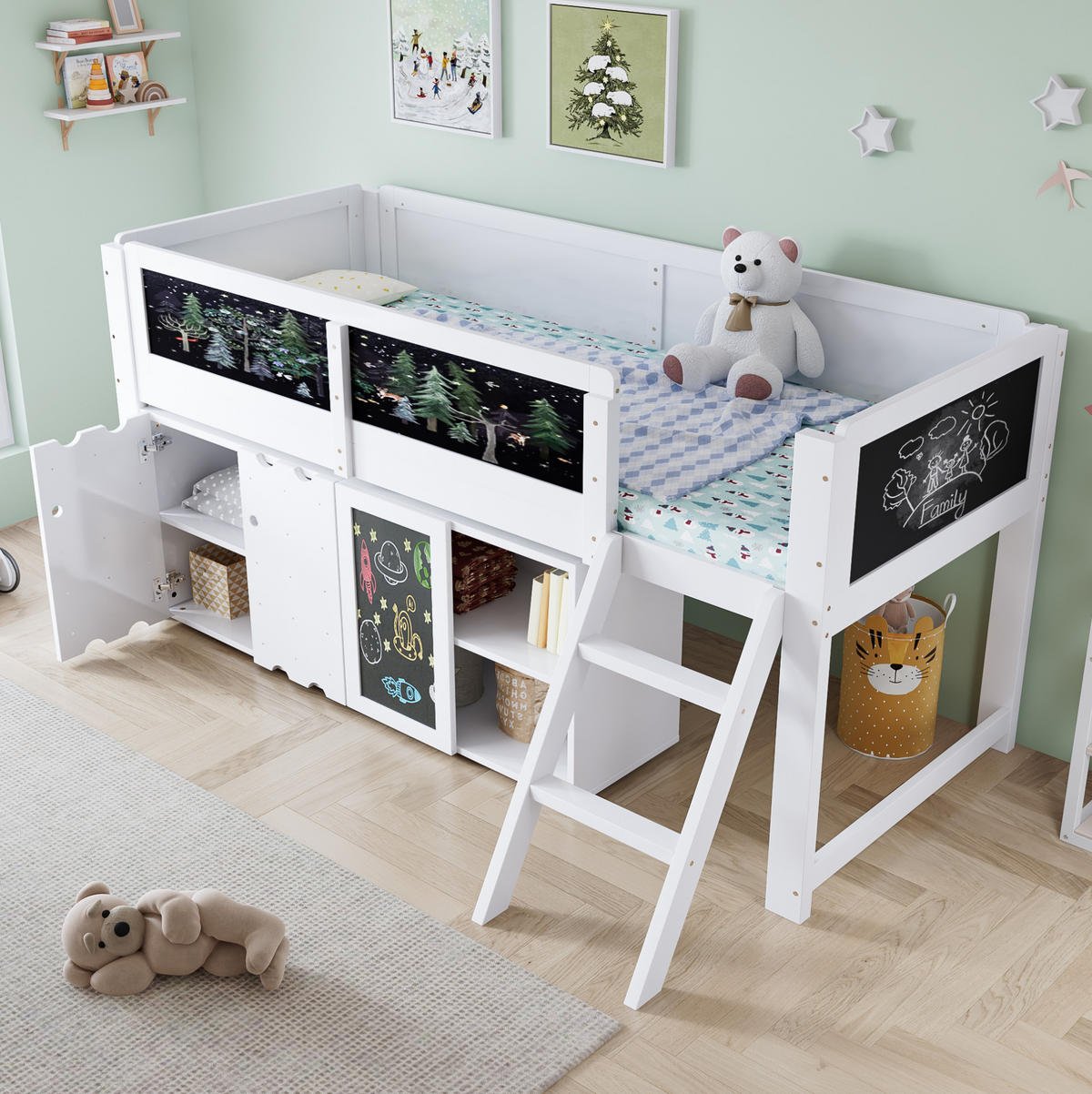 HOCHBETT 90/200 cm in Weiß mit Stauraum, Kreidetafel und Rausfallschutz - Weiß, Holzwerkstoff (90/200cm) - BEAOK