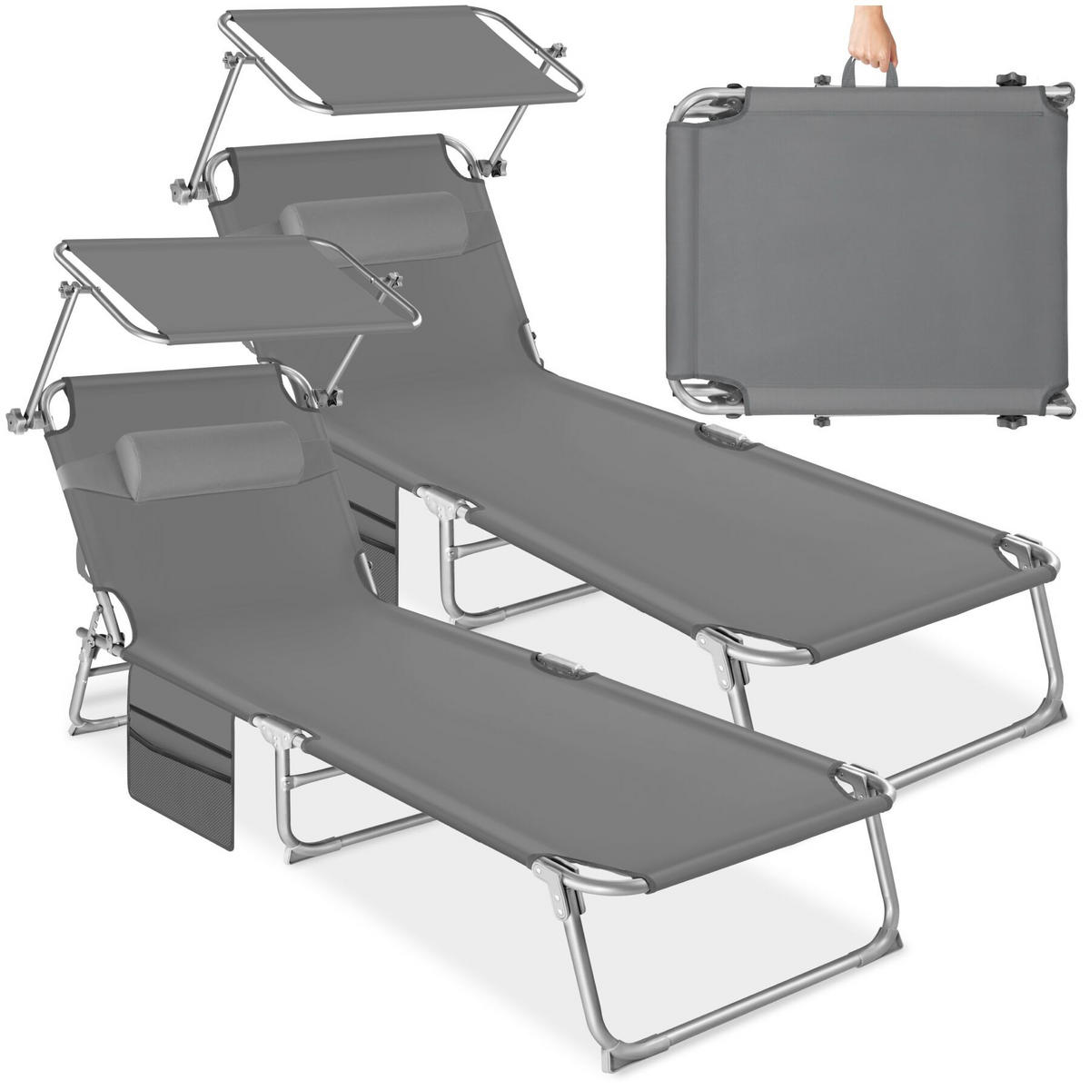 SONNENLIEGE 2er Set Chloé, 190 x 68 x 111 cm, mit Seitentasche, grau - Grau, Kunststoff (68/111/161cm) - tectake