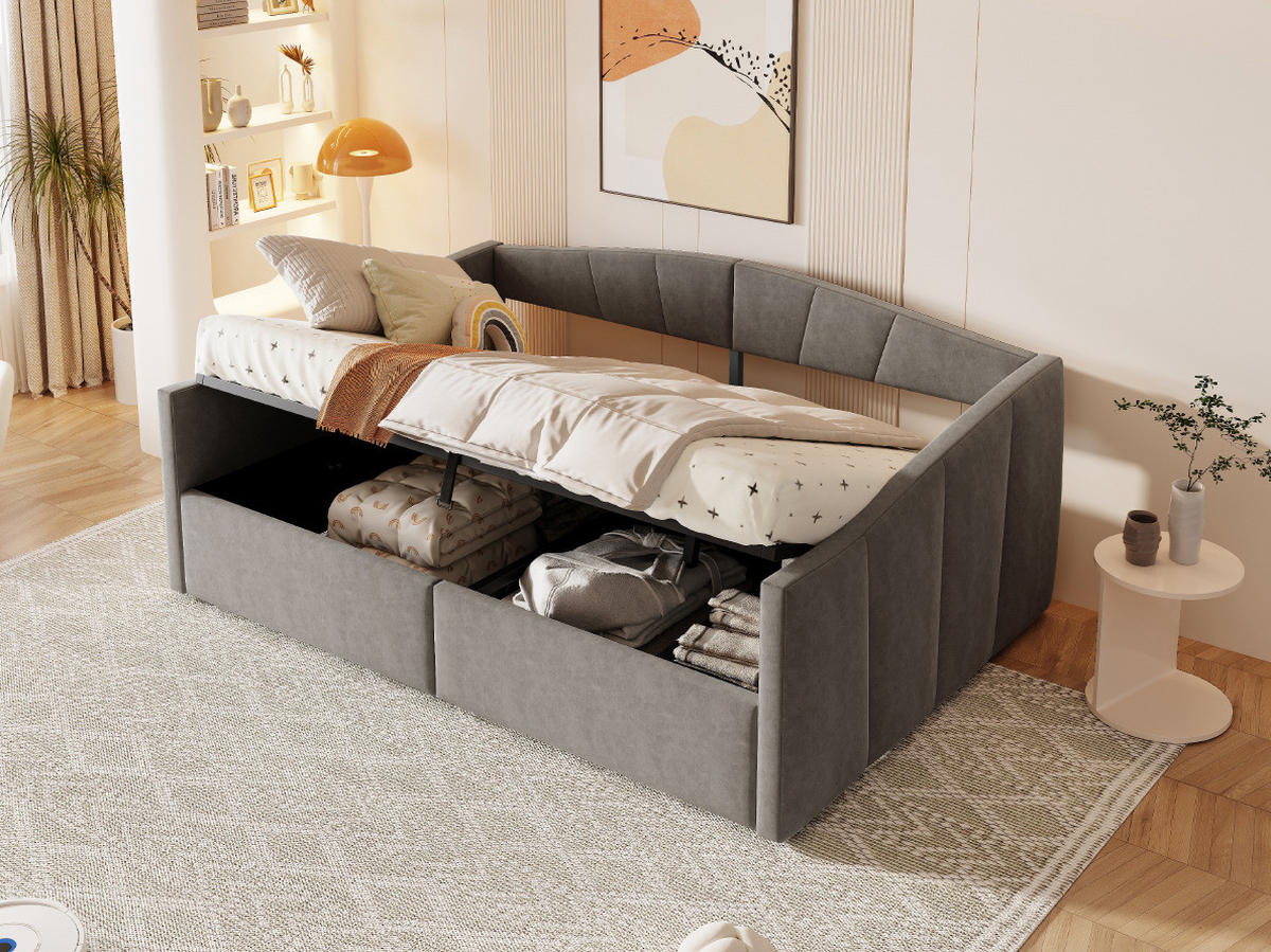 POLSTERBETT 140/200 cm Grau aus Samtstoff mit Bettkasten - Dunkelgrau, Leder (140/200cm) - OKMYHOME