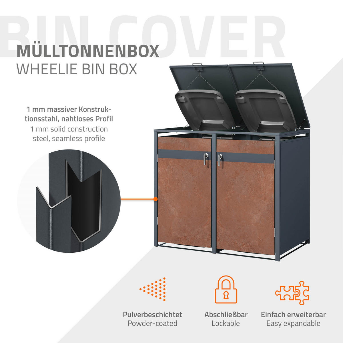MÜLLTONNENBOX 2er Anthrazit-Rostoptik - Rotbraun, Metall (80/116.3/132cm) - ML-DESIGN