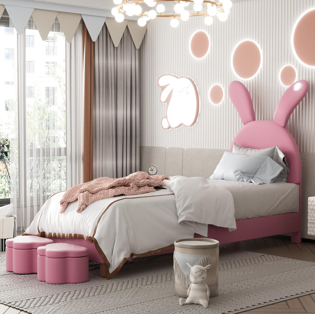 POLSTERBETT 90/200 cm Pink mit Stauraumbänken mit LED-Beleuchtung - Rosa, Textil (90/200cm) - OKWISH
