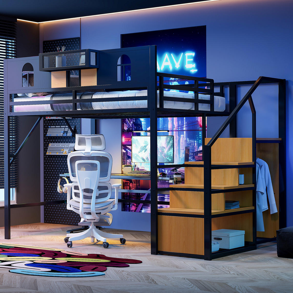 HOCHBETT 140/200 cm schwarz mit Stauraumleiter und Ablagefläche mit Matratze - Schwarz, Metall (140/200cm) - OKWISH