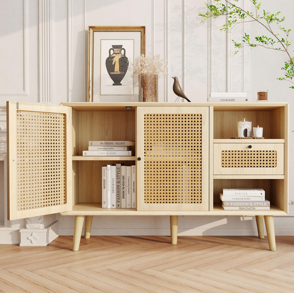 SIDEBOARD 120/40/80 cm, Eiche-Optik mit Rattan-Details, 1 Schublade und 2 magnetische Türen, verstellbare Einlegeböden, Eiche - Eichefarben, Holzwerkstoff (120/80/40cm) - Redom