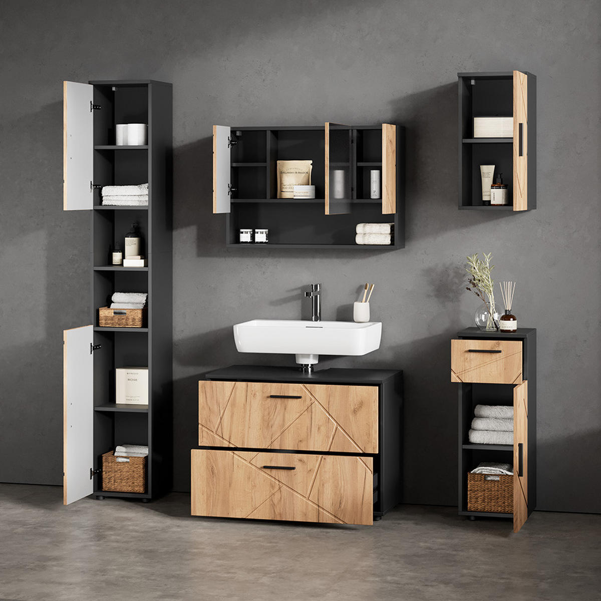 BADMÖBEL-SET Ronco Goldkraft Eiche/Anthrazit 5 Teile - Anthrazit/Eiche Wotan, Holzwerkstoff (41/80/58cm) - Livinity®