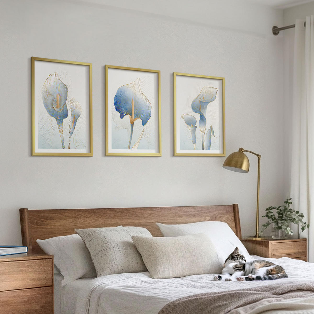 WANDBILDER 3er Set - 40x60 cm Goldrahmen - Blaue Blumen im Hintergrund - Goldfarben, Kunststoff (40/60cm) - ArtPrintCave