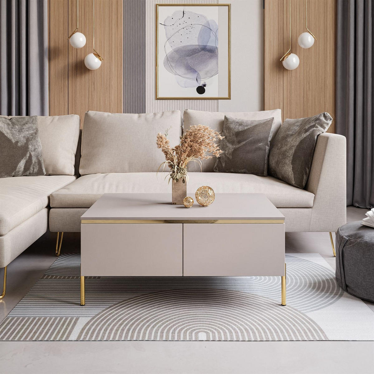 COUCHTISCH AURORA mit Staufach Kaschmir mit gerade Goldchrom Fuße - Kaschmir/Goldfarben, Holzwerkstoff/Metall (60/90/40cm) - Lookway