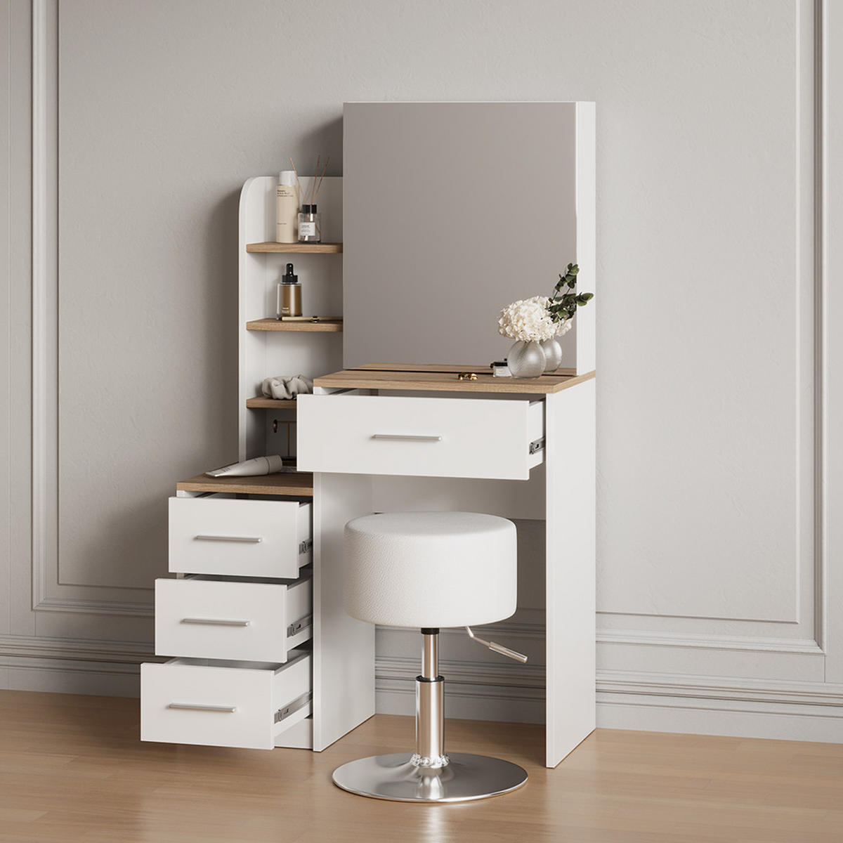 SCHMINKTISCH Loreta Weiß/Sonoma 80 cm mit Hocker - Weiß/Sonoma Eiche, Holzwerkstoff (80/131.6/36cm) - Livinity®