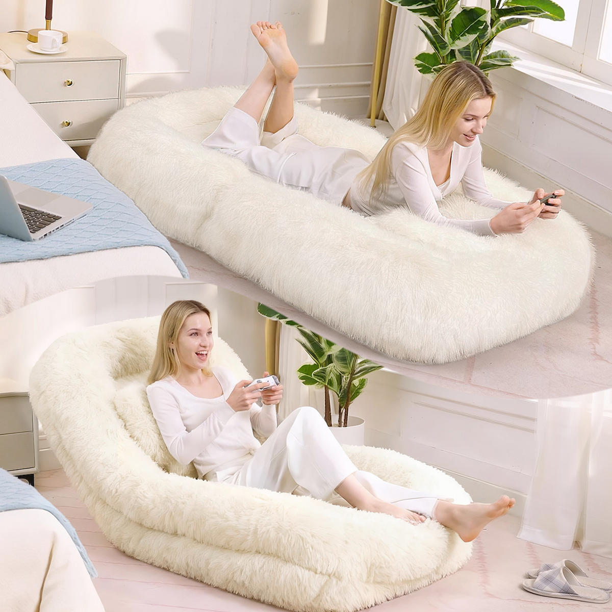 SITZSACK Plüsch Beige mit verstellbarer Rückenlehne - Beige, Holzwerkstoff/Textil (89/42/175cm) - WISHDOR