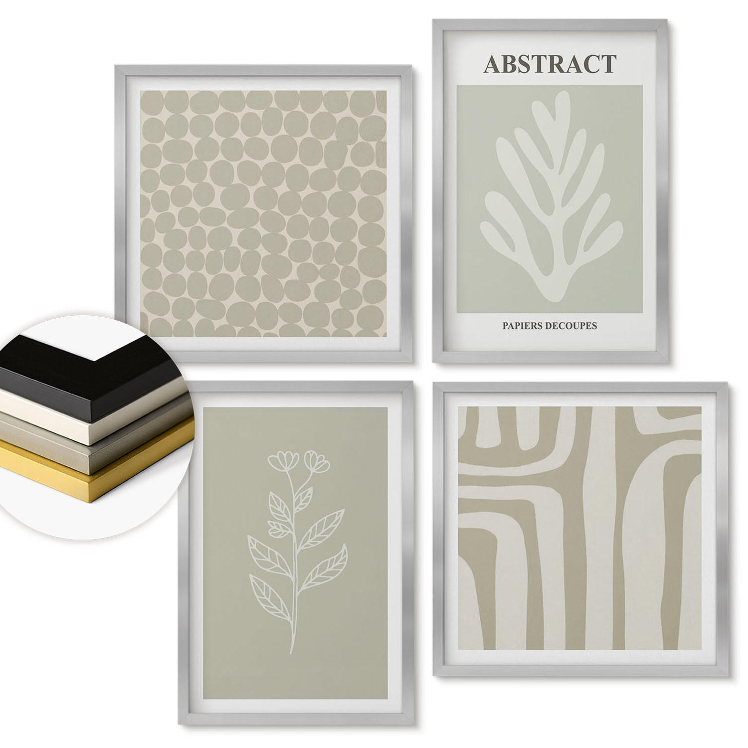 WANDBILDER 4er Set - 50x50 cm & 40x60 cm Silberner Rahmen - Pflanzen- und geometrische Muster - Silberfarben, Kunststoff (50/50cm) - ArtPrintCave